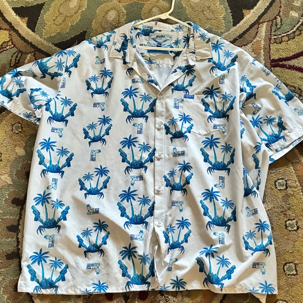 Men's Casual Palm & Crab Print Short Sleeve Shirt - Blue on White